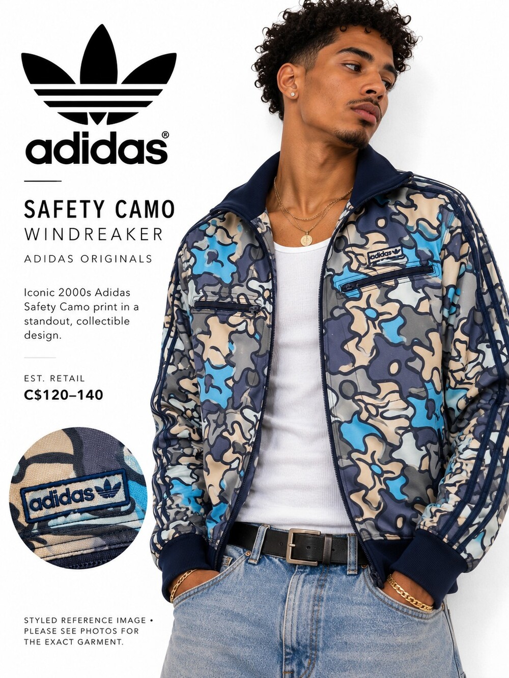 RARE adidas Mens Safety CamoJacket Blue Gray Large Unisex Women's Abstract Track